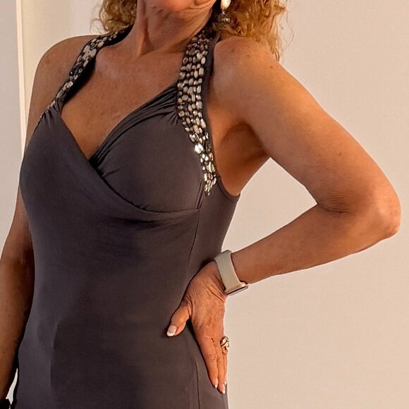 Vintage Cache Grey Top w/ Stones Sz. S (M) Sleeveless Figure Flattering - Picture 2 of 16